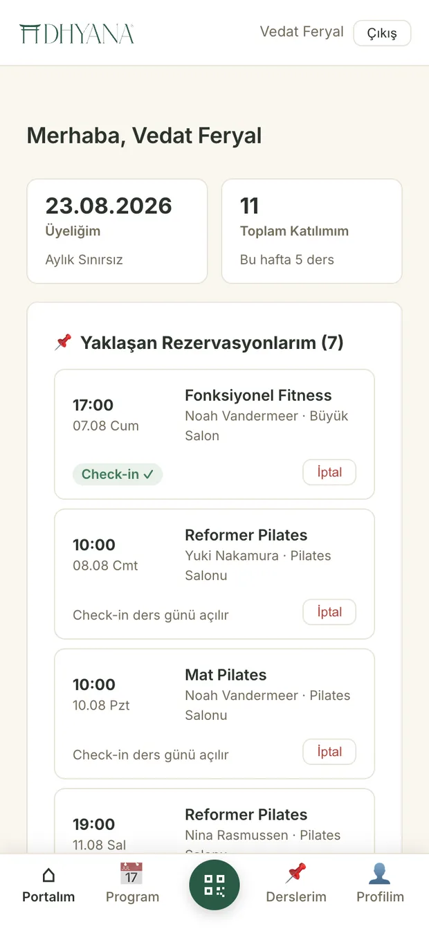 Üye portalı telefonda: üyelik bitiş tarihi, toplam katılım ve yaklaşan rezervasyonlar